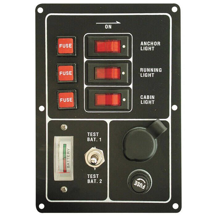 Image of : Whitecap 3-Circuit Switch Panel with Fuse Holders, Battery Meter and Outlet - S-3312C